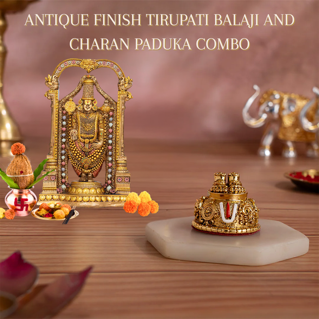 Antique Finish Lord Balaji Idol (8 Inch) with Gold-Plated Charan Paduka & Shanku Chakra Namam Set (2 Inch) – Divine Prosperity & Vastu Harmony Combo