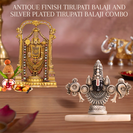 Antique Finish Lord Balaji Idol (8 Inch) + Silver-Plated Tirupati Balaji (3 Inch) – Handcrafted Divine Pair