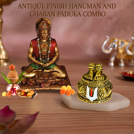 Antique Meditating Hanuman Ji Idol (3 Inch) with Gold-Plated Hanuman Ji Charan Paduka (2 Inch) – Divine Vastu Combo
