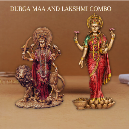 Antique Finish Laxmi Maa Idol (10 Inch) with Durga Maa Idol (6 Inch) – Divine Power & Prosperity Combo