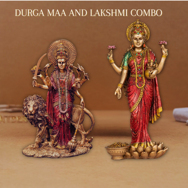 Antique Finish Laxmi Maa Idol (10 Inch) with Durga Maa Idol (6 Inch) – Divine Power & Prosperity Combo