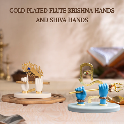 Gold-Plated Flute Krishna Idol (3.5 Inch) with Gold-Plated Shiva Hand (5 Inch) – Divine Blessings & Vastu Combo