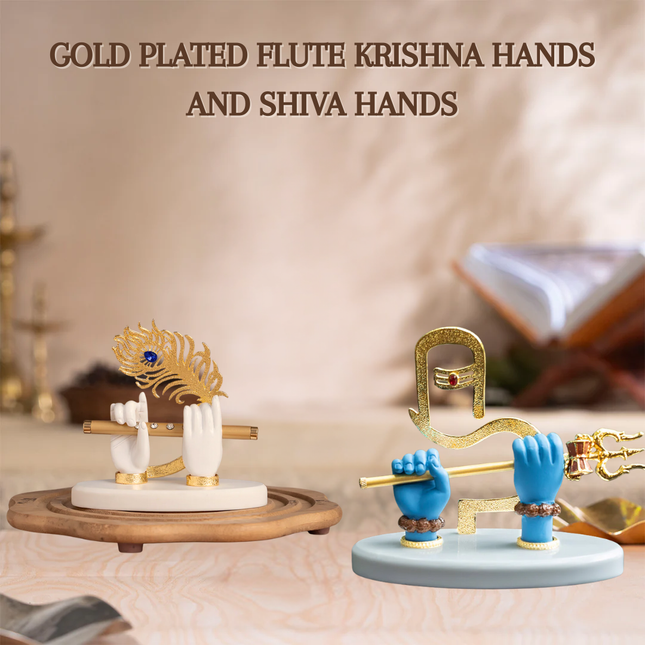 Gold-Plated Flute Krishna Idol (3.5 Inch) with Gold-Plated Shiva Hand (5 Inch) – Divine Blessings & Vastu Combo